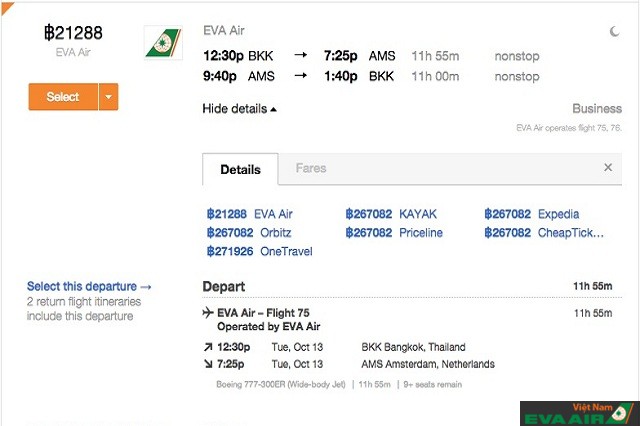 Vé điện tử của EVA Air có các thông tin cụ thể về hành trình