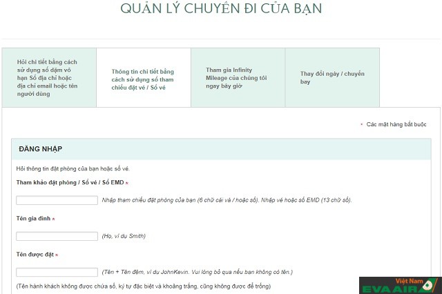 Quản lý hành trình EVA Air sẽ giúp hành khách kiểm tra lại các thông tin trên vé máy bay, chọn chỗ ngồi, suất ăn, hay tìm hiểu thêm về quá trình làm thủ tục, những lưu ý về hành lý, thông tin giao thông, hỗ trợ tra cứu đặc biệt,...