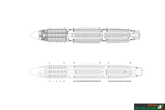 Sơ đồ chỗ ngồi trên máy bay Airbus A330-300 của hãng hàng không EVA Air