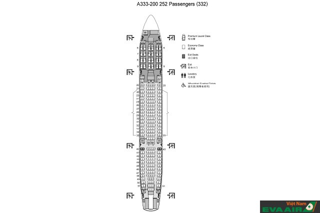 Sơ đồ ghế ngồi máy bay Airbus A330-200 hãng EVA Air