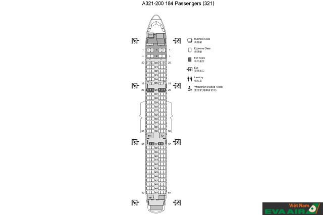 Sơ đồ ghế ngồi trên máy bay Airbues A321-200 của hãng EVA Air