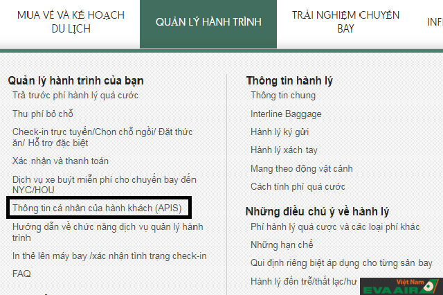 Vào mục Quản lý hành trình và chọn thư mục “Thông tin cá nhân của hành khách (APIS)”