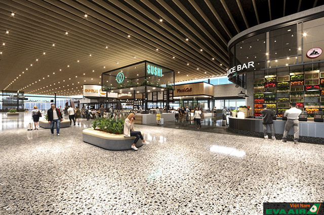 Khu ẩm thực rộng rãi với nhiều cửa hàng đồ ăn phục vụ hành khách ở sân bay Adelaide